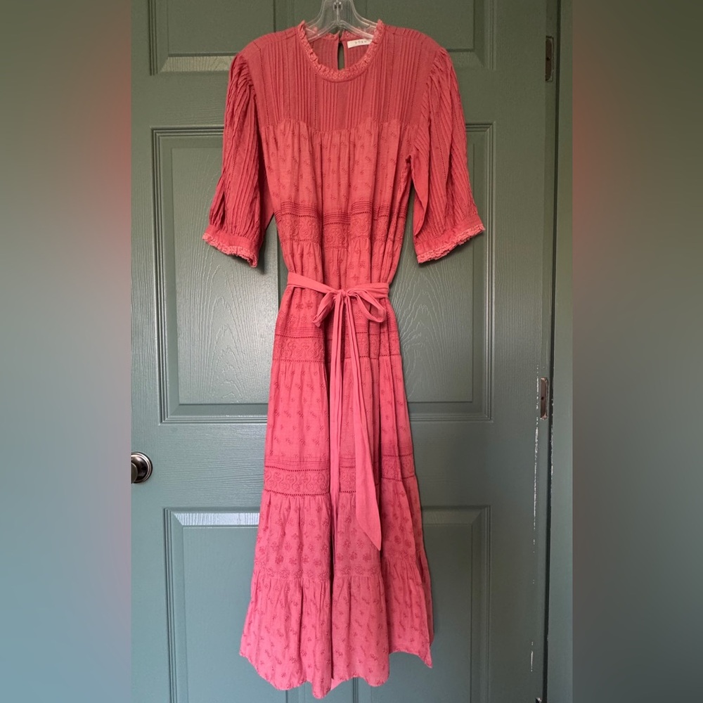 ❤️ DOEN EMBROIDERED LACE CORAL PINK COTTON BOHEMIAN PEASANT VINTAGE STYLE DRESS